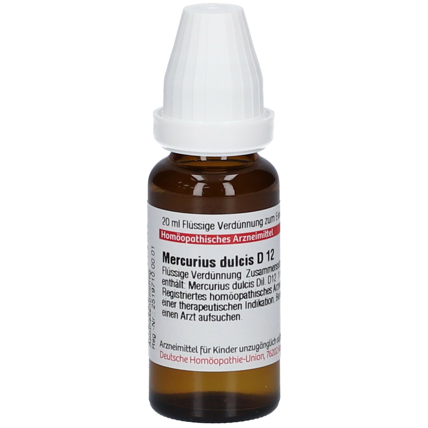 Braune Glasflasche mit weißem Verschluss. Etikett mit Text: Mercurius dulcis D 12, 20 ml flüssige Verdünnung. DHU Logo.
