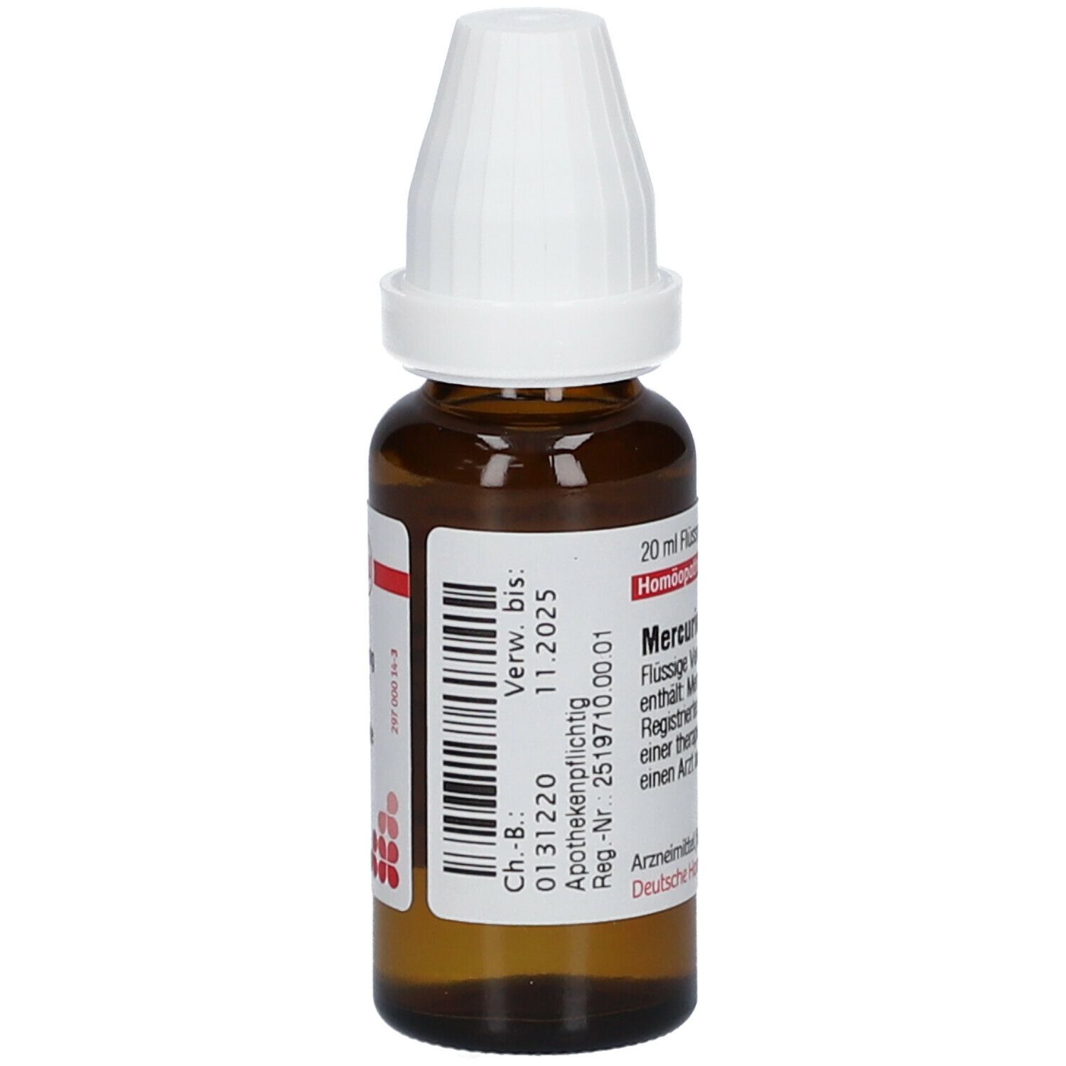 Braune Glasflasche mit weißem Verschluss. Etikett mit Text und Chargennummer. Apothekenpflichtig. Verwendbar bis 11.2025.
