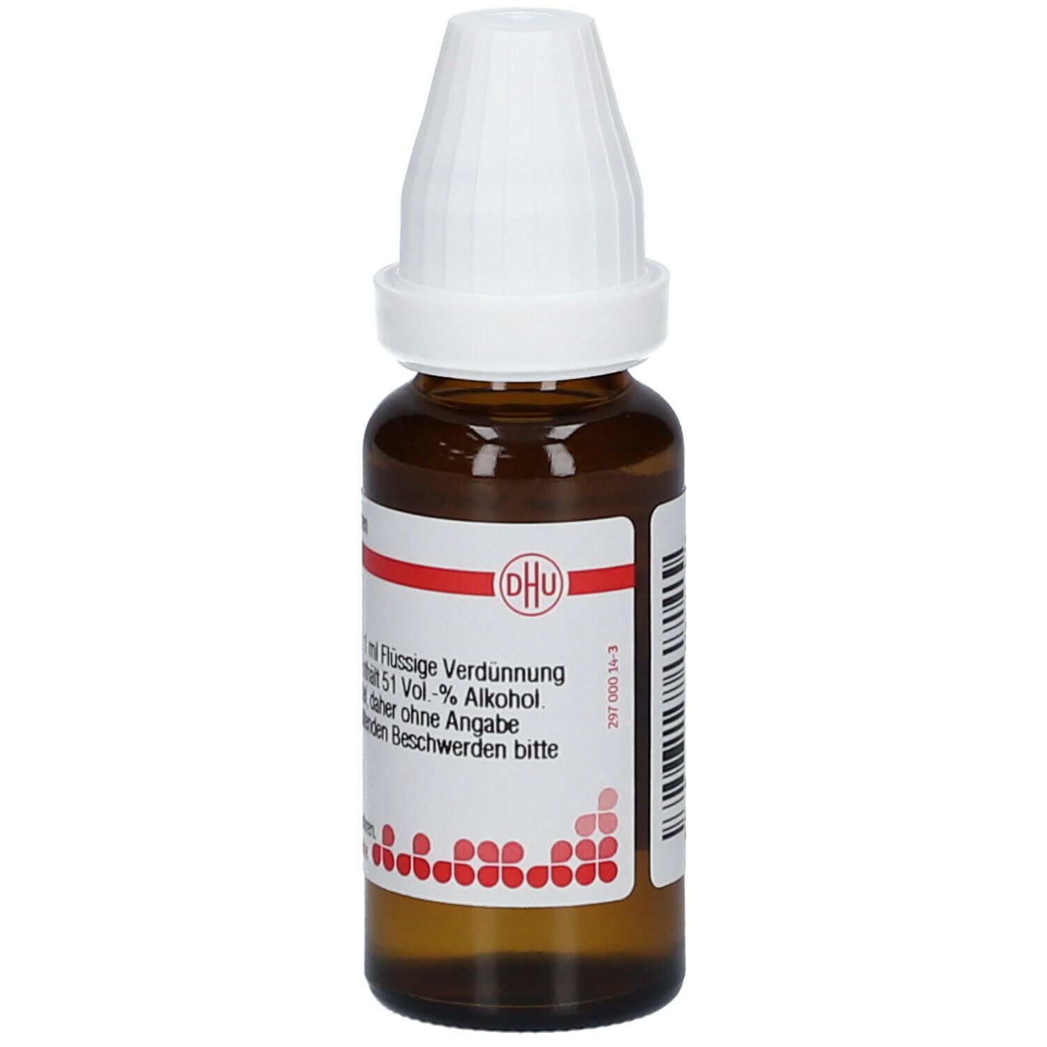 Braune Glasflasche mit weißem Verschluss. Etikett mit DHU Logo und Text: 51 Vol.-% Alkohol. Flüssige Verdünnung.