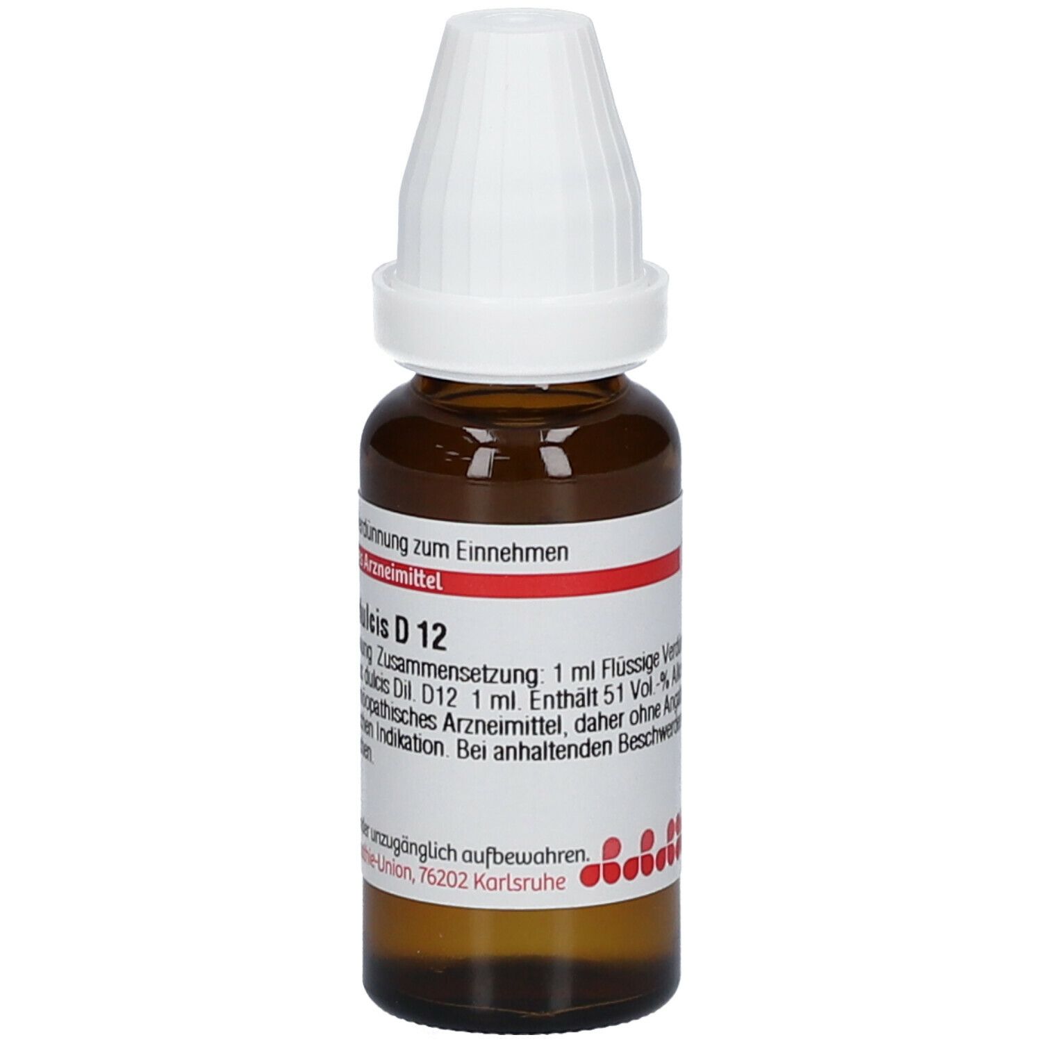 Braune Glasflasche mit weißem Verschluss. Etikett mit Text: Mercurius dulcis D 12, 20 ml flüssige Verdünnung. DHU Logo.