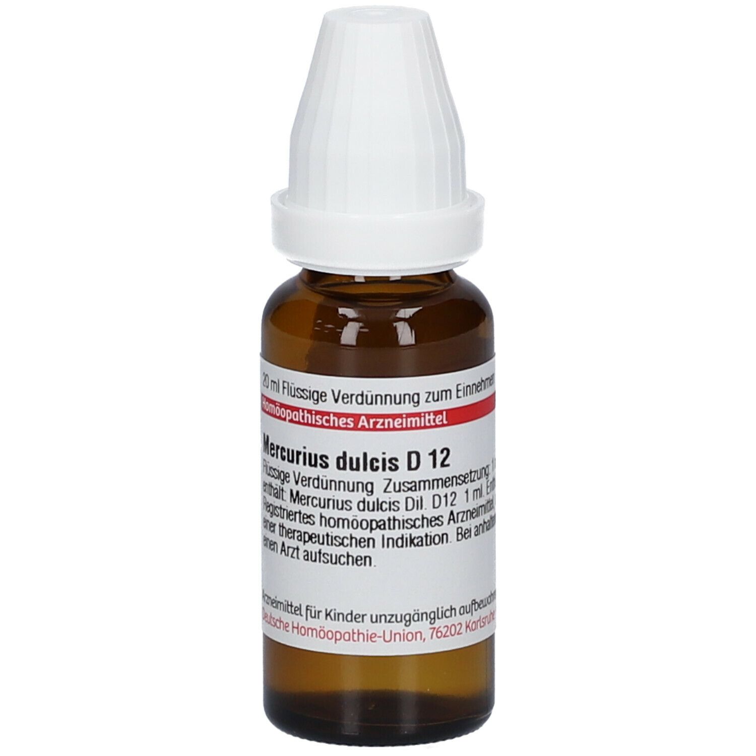 Braune Glasflasche mit weißem Verschluss. Etikett mit Text: Mercurius dulcis D 12, 20 ml flüssige Verdünnung. DHU Logo.