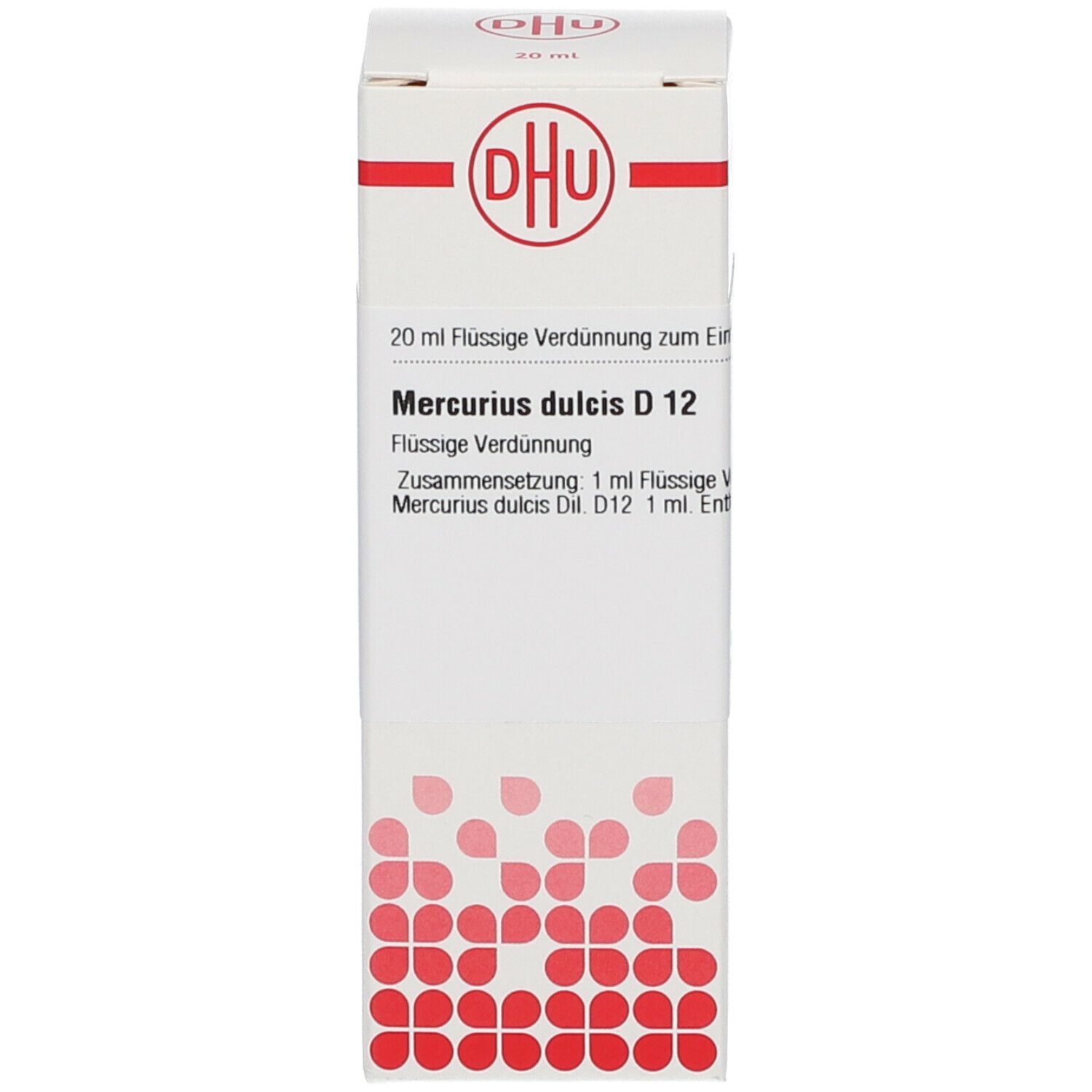 Weiße Schachtel mit DHU Logo und Text: Mercurius dulcis D 12, 20 ml flüssige Verdünnung. Auf der Schachtel steht DHU.