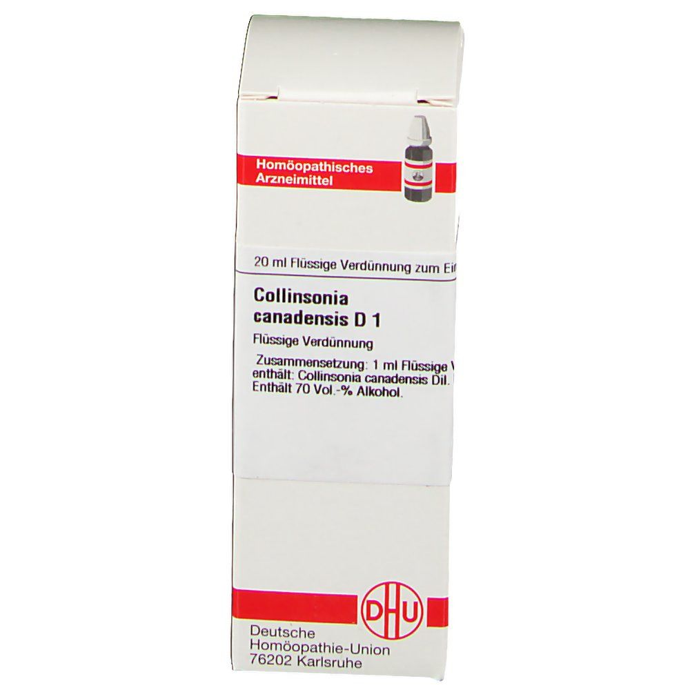 Weiße Faltschachtel mit Produktinformationen. Aufschrift: Collinsonia canadensis D1, DHU Logo. Enthält 70 Vol.-% Alkohol.