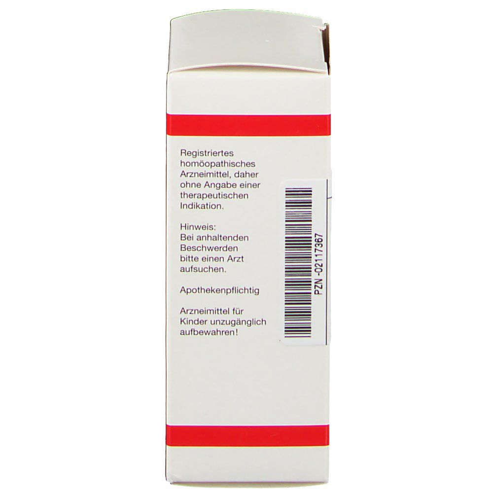 Weiße Faltschachtel, Rückseite. Text: Registriertes homöopathisches Arzneimittel, Apothekenpflichtig, Arzneimittel für Kinder unzugänglich aufbewahren!