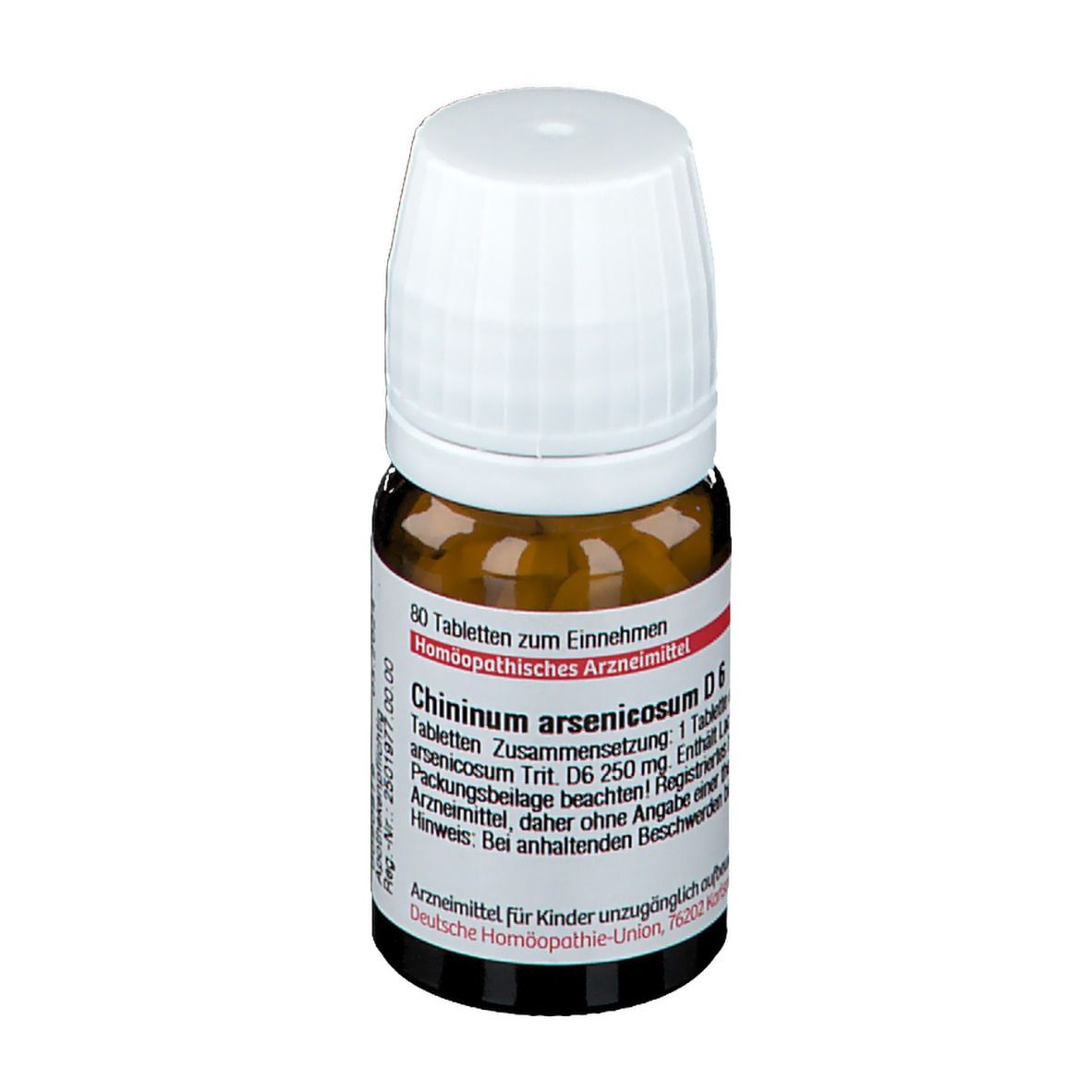 Braune Glasflasche mit weißen Tabletten und weißem Deckel. Etikett mit Produktinformationen.