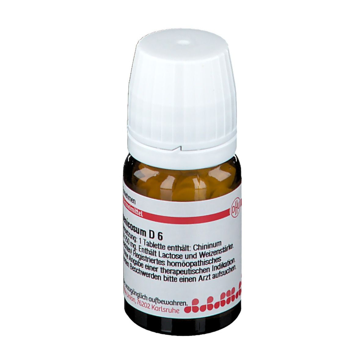 Braune Glasflasche mit weißen Tabletten und weißem Deckel. Etikett mit Produktinformationen.