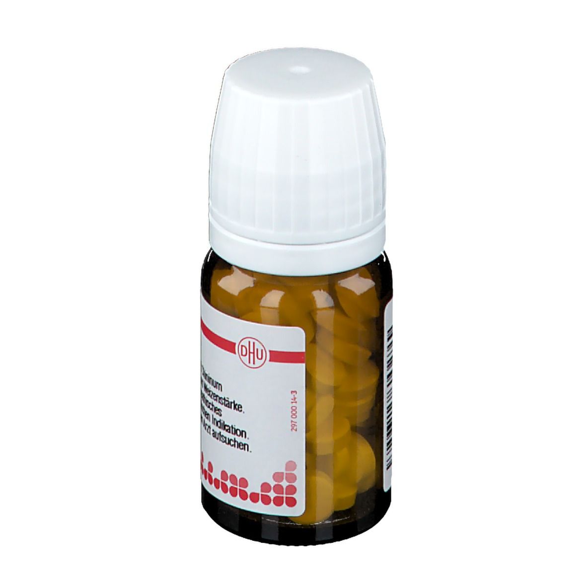 Braune Glasflasche mit weißen Tabletten und weißem Deckel. Etikett mit Produktinformationen.