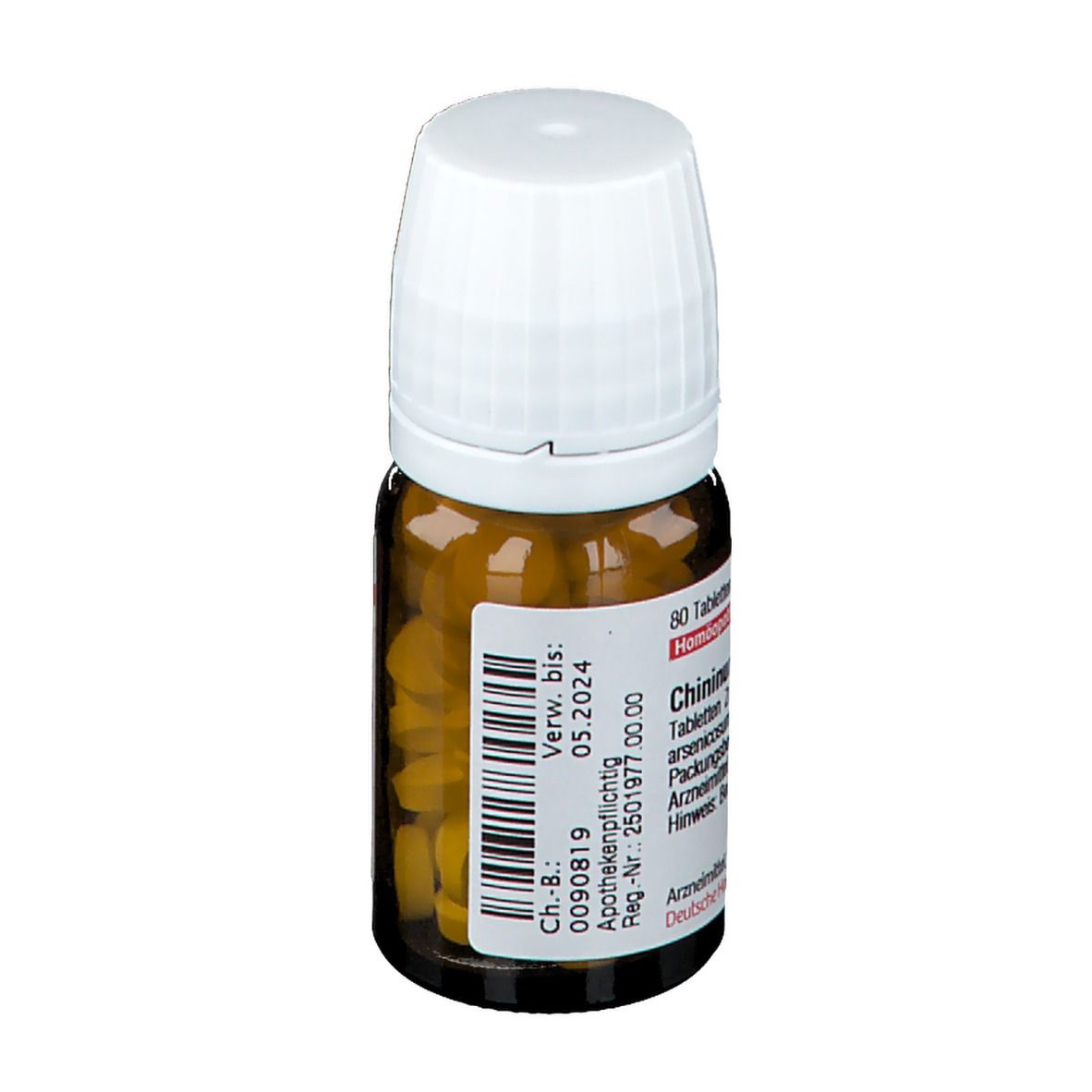 Braune Glasflasche mit weißen Tabletten und weißem Deckel. Etikett mit Produktinformationen.