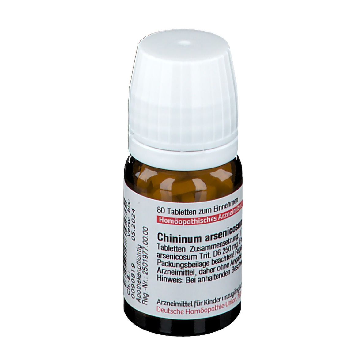 Braune Glasflasche mit weißen Tabletten und weißem Deckel. Etikett mit Produktinformationen.