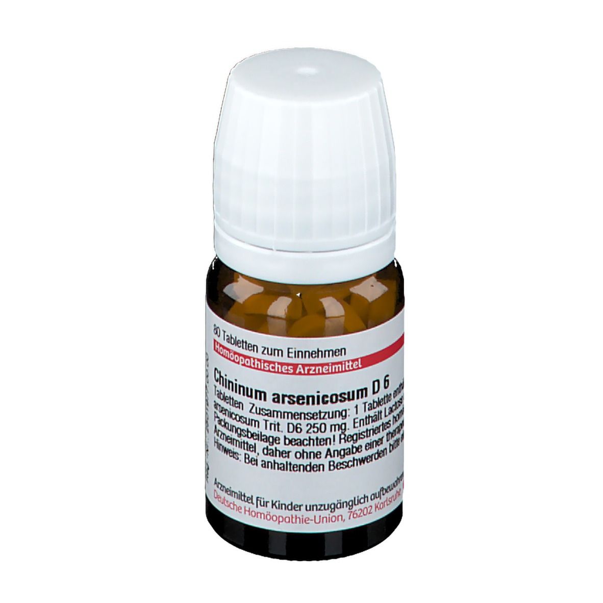 Braune Glasflasche mit weißen Tabletten und weißem Deckel. Etikett mit Produktinformationen.