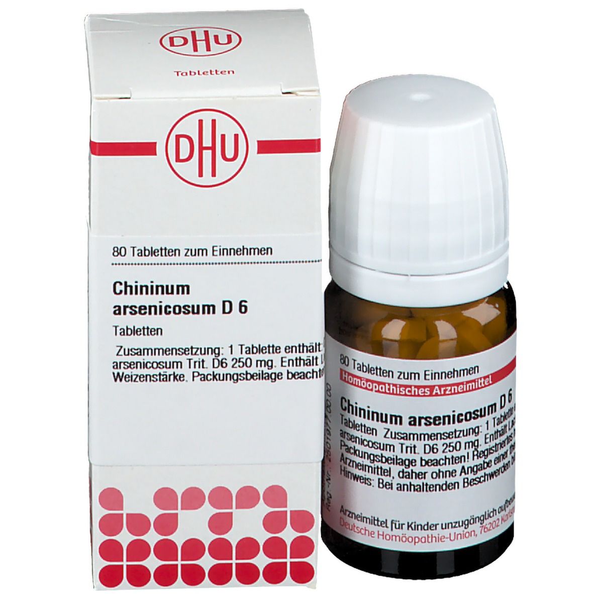 Braune Glasflasche mit weißen Tabletten und weißem Deckel, neben einer weißen Schachtel mit Produktlogo.