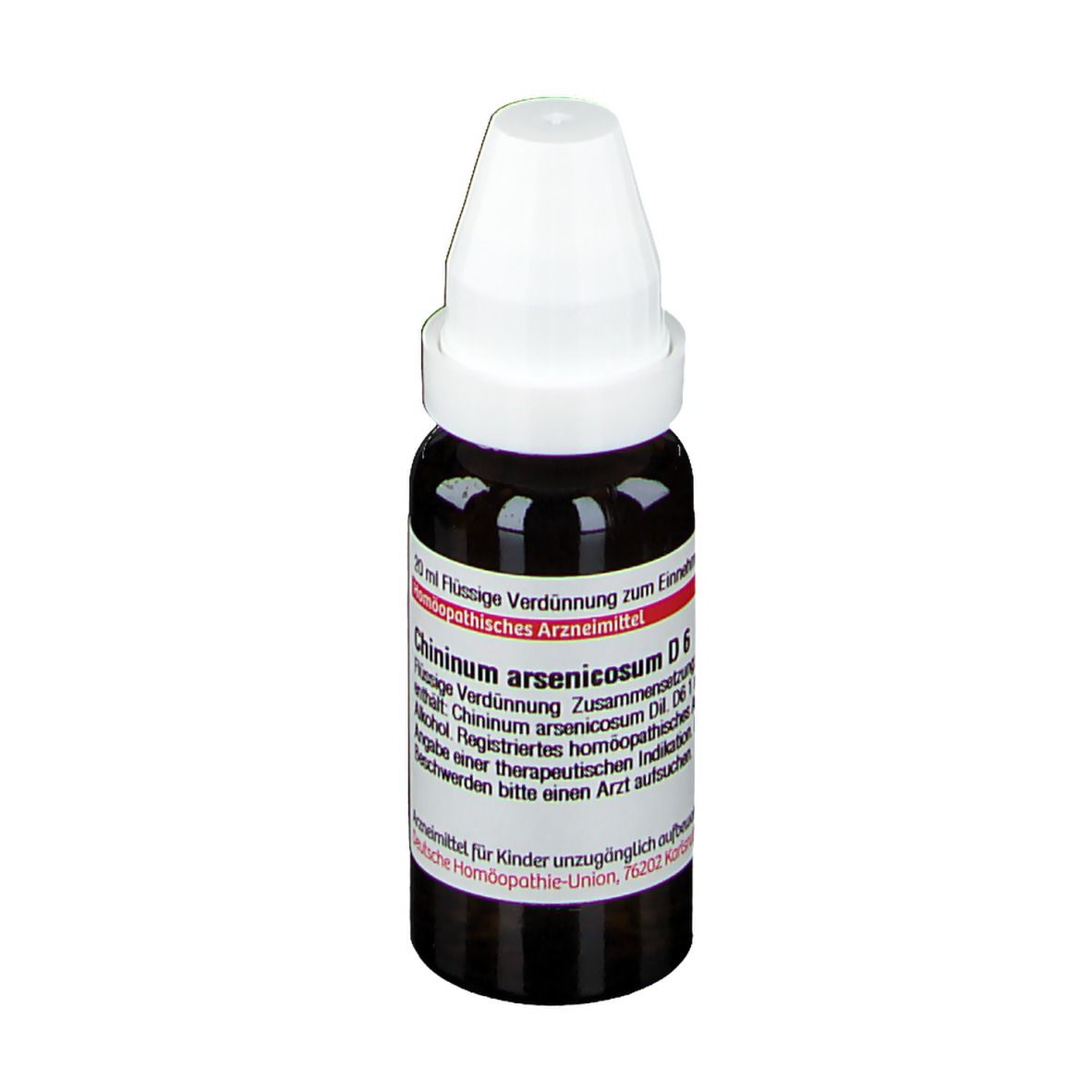 Braune Tropfflasche mit weißem Verschluss. Etikett mit Produktnamen und Informationen. DHU Chinium Arsenicosum D6.