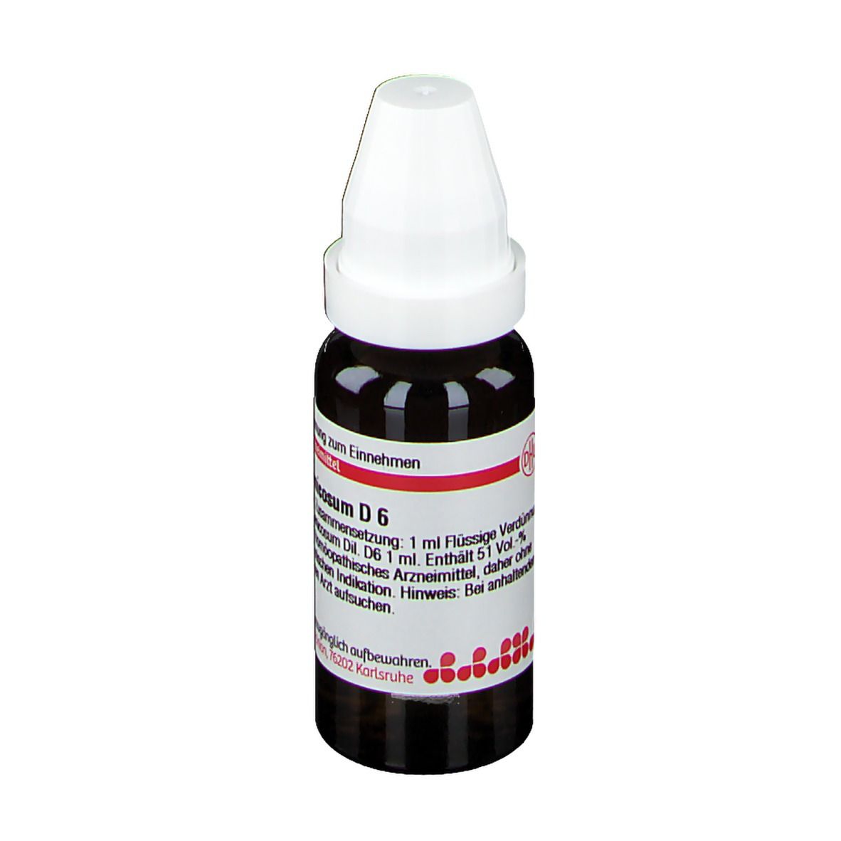 Braune Tropfflasche mit weißem Verschluss. Etikett mit Produktnamen und Informationen. DHU Chinium Arsenicosum D6.