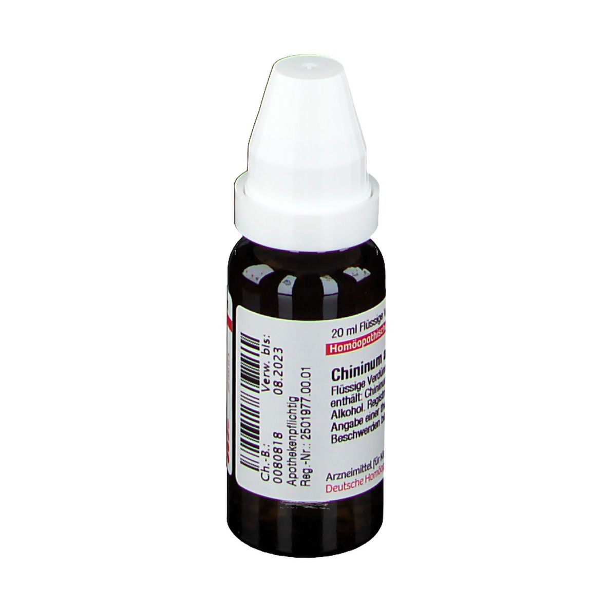 Braune Tropfflasche mit weißem Verschluss. Etikett mit Produktnamen und Informationen. DHU Chinium Arsenicosum D6.