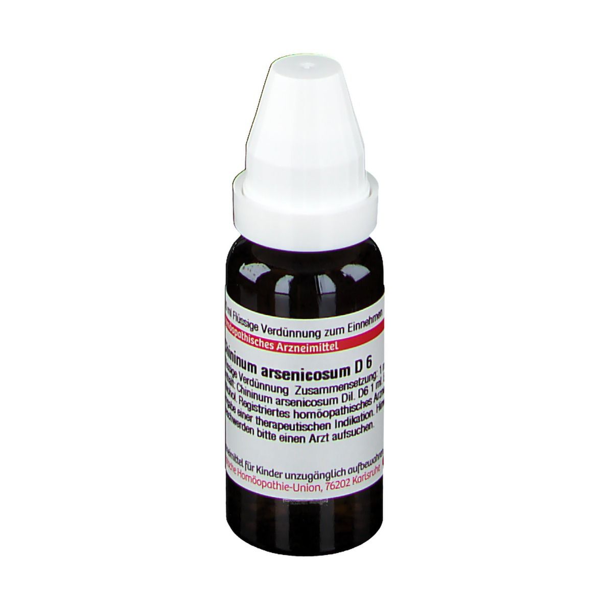 Braune Tropfflasche mit weißem Verschluss. Etikett mit Produktnamen und Informationen. DHU Chinium Arsenicosum D6.