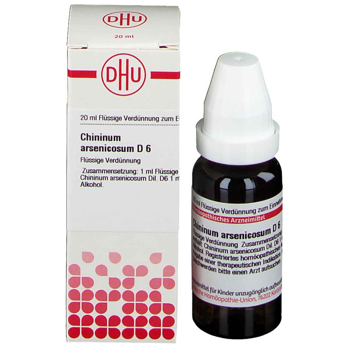 Produktflasche und Schachtel. DHU Chinium Arsenicosum D6. Flasche braun, weißer Verschluss. Schachtel weiß mit Logo.