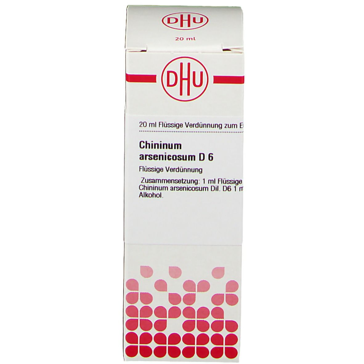 Weiße Schachtel mit DHU-Logo und Produktinformationen. DHU Chinium Arsenicosum D6. Flasche nicht sichtbar.
