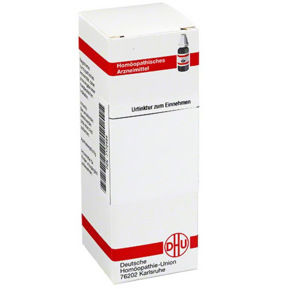 Weiße Faltschachtel mit roter Zierleiste. Aufdruck: Homöopathisches Arzneimittel, Urintinktur zum Einnehmen. Logo DHU.