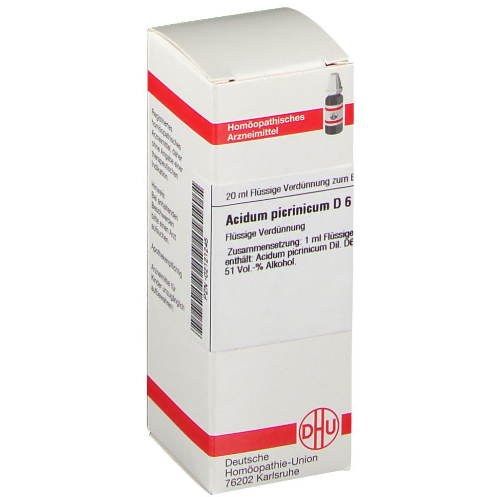 Weiße Schachtel mit roter Umrandung. Aufschrift: Acidum picrinicum D 6. DHU-Logo. Enthält 20 ml.