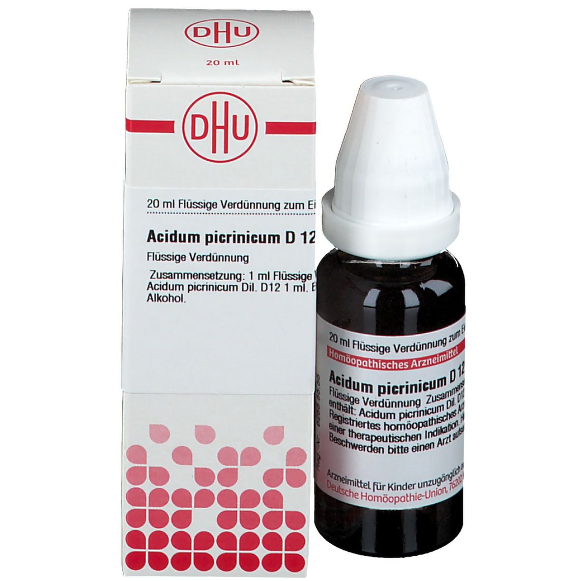 Produktflasche und Verpackung. Flasche braun, weißer Verschluss. Verpackung weiß mit rotem Logo und Produktnamen.