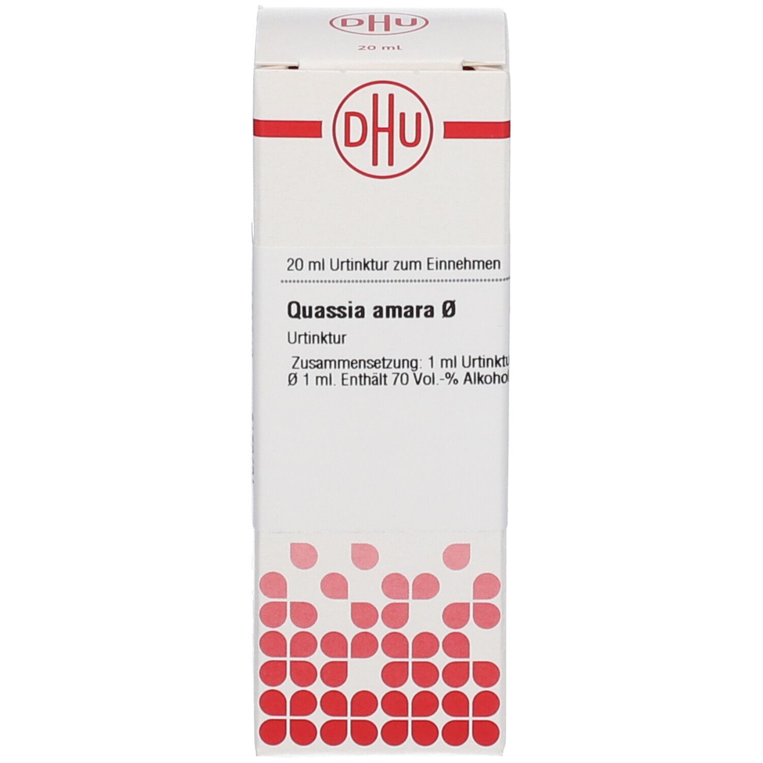 Weiße Umverpackung mit rotem Etikett. DHU Logo. Text: Quassia amara Ø.