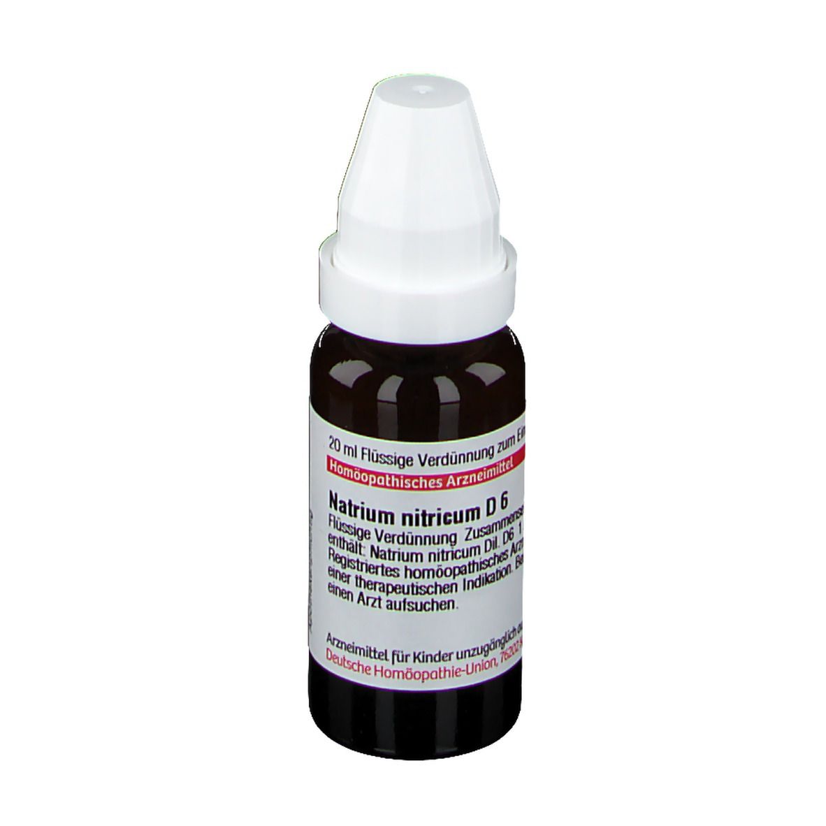 Braune Glasflasche mit weißem Deckel. Etikett mit Text: Natrium nitricum D6, 20 ml Flüssige Verdünnung.