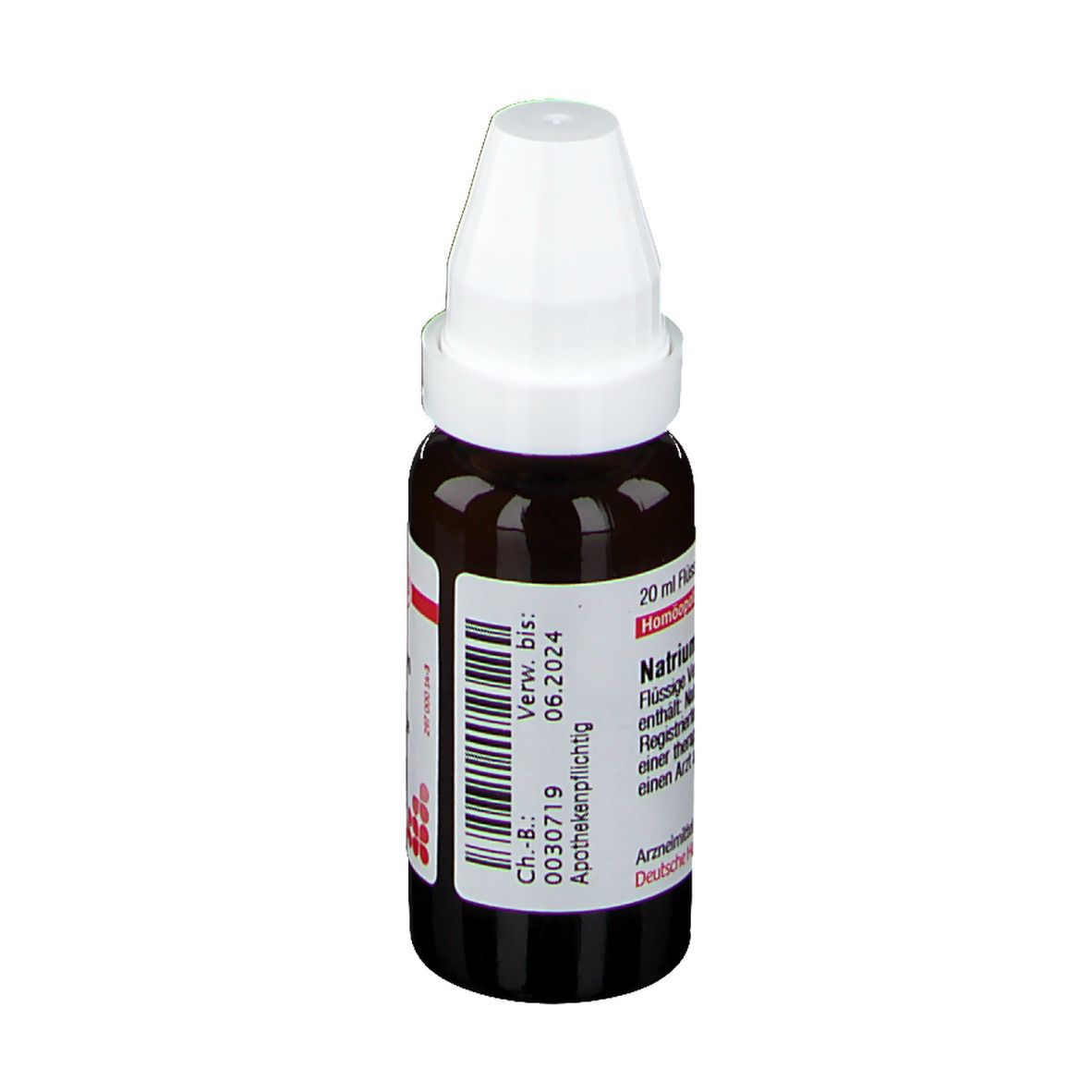 Braune Glasflasche mit weißem Deckel. Etikett mit Text: Natrium nitricum D6, 20 ml Flüssige Verdünnung.