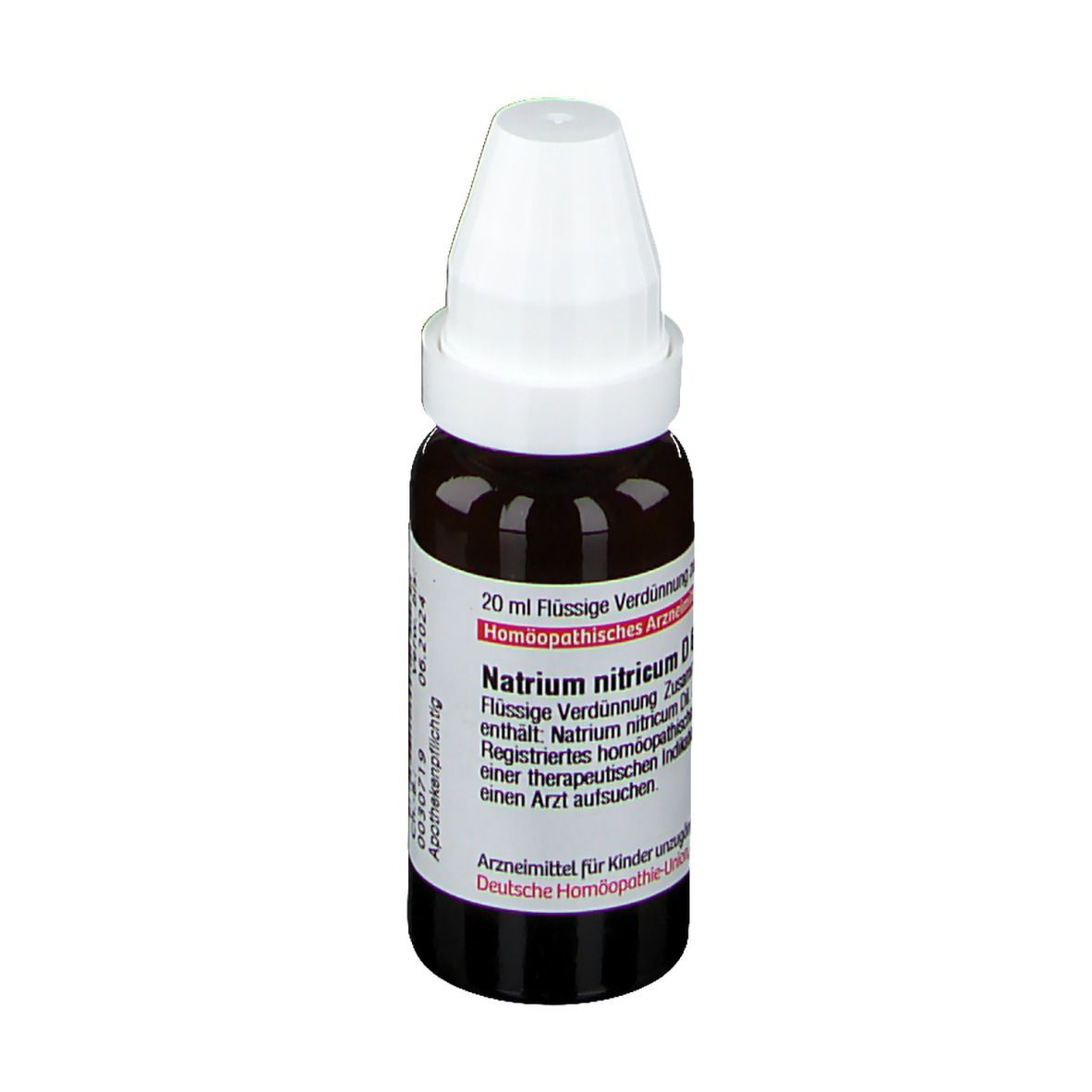 Braune Glasflasche mit weißem Deckel. Etikett mit Text: Natrium nitricum D6, 20 ml Flüssige Verdünnung.