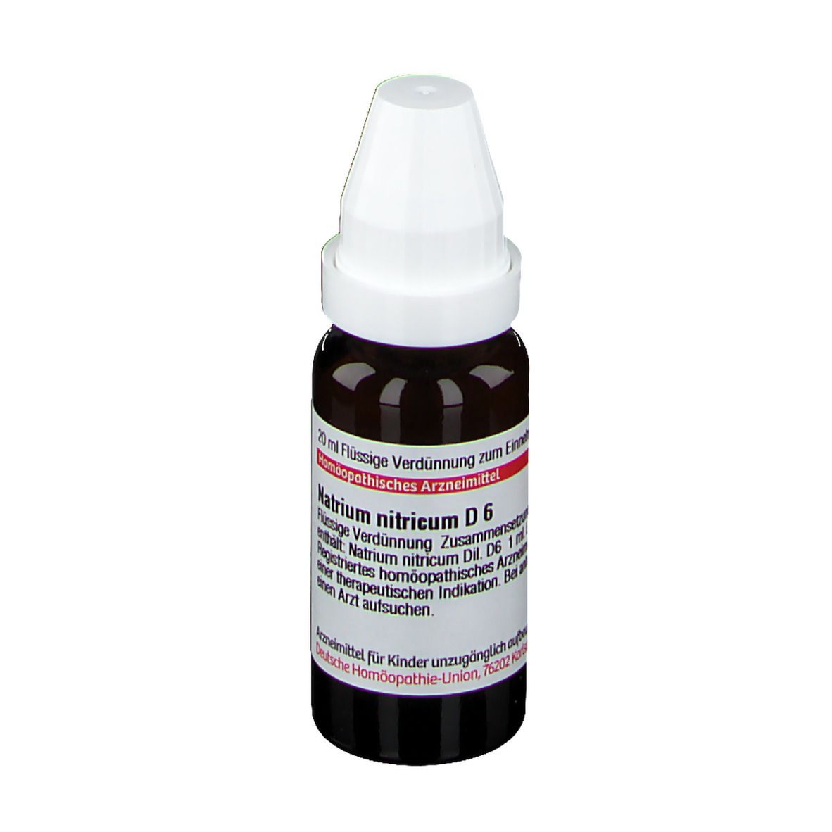 Braune Glasflasche mit weißem Deckel. Etikett mit Text: Natrium nitricum D6, 20 ml Flüssige Verdünnung.