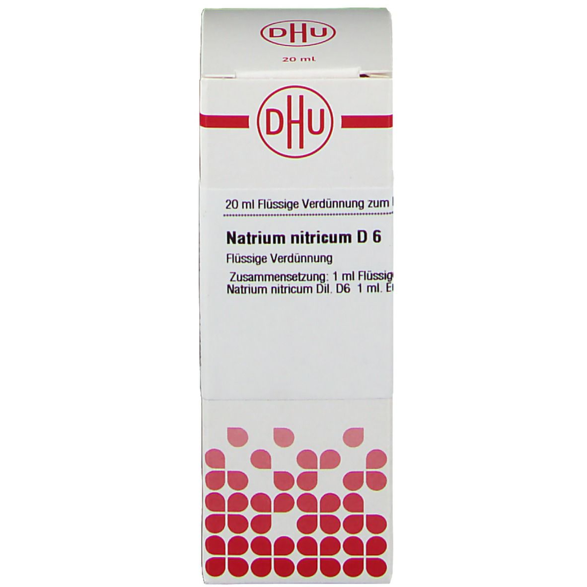 Verpackung mit Text: DHU, Natrium nitricum D6, 20 ml Flüssige Verdünnung.