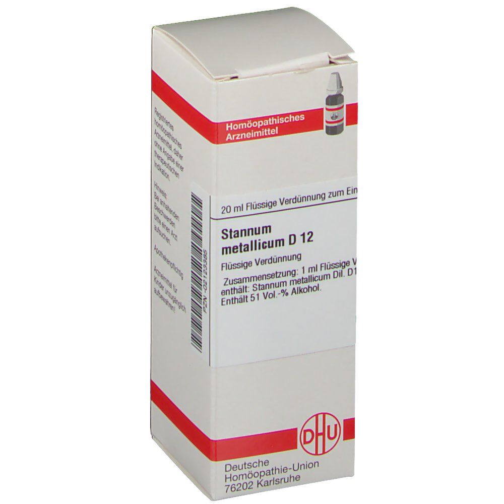 Weiße Schachtel mit roter Umrandung. Aufschrift: Stannum metallicum D 12. DHU-Logo. Barcode und Text.