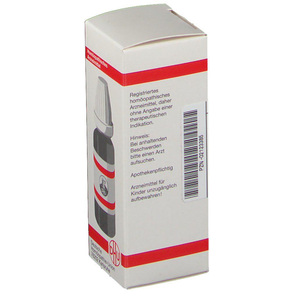 Weiße Schachtel mit roter Umrandung. Text und Barcode. DHU-Logo. Flasche abgebildet.