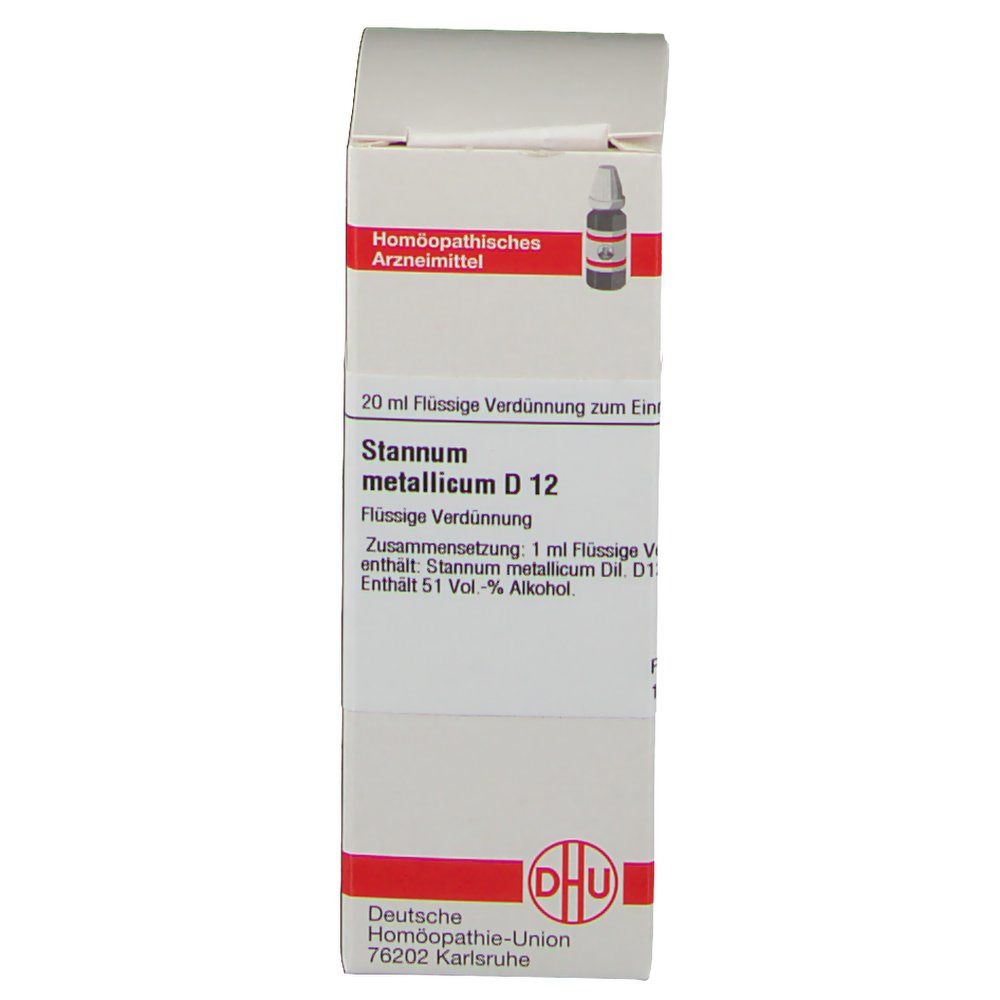 Weiße Schachtel mit roter Umrandung. Aufschrift: Stannum metallicum D 12. DHU-Logo. 20 ml.