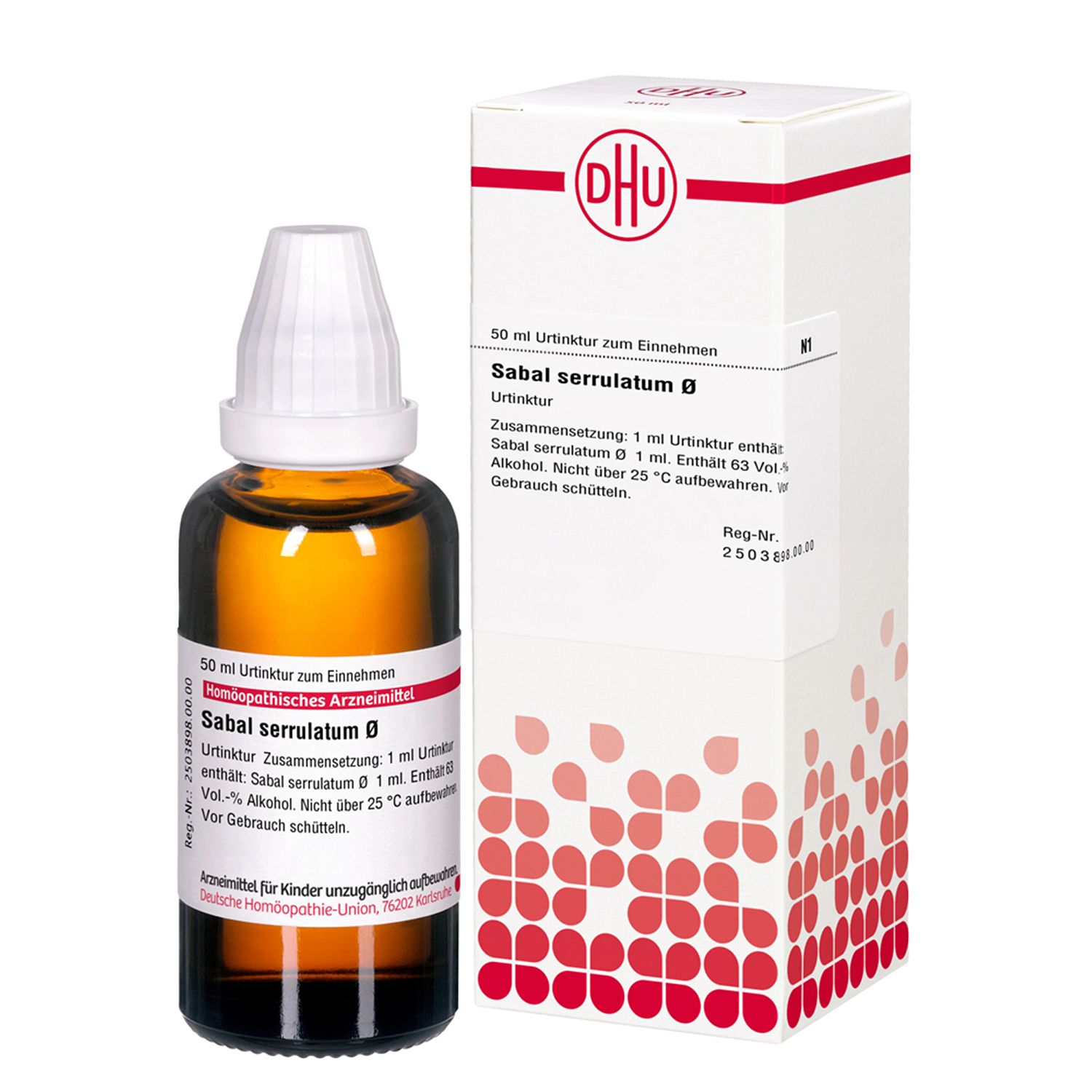 Braune Glasflasche mit weißem Verschluss und Karton. Beschriftung: DHU Sabal serrulatum Ø.