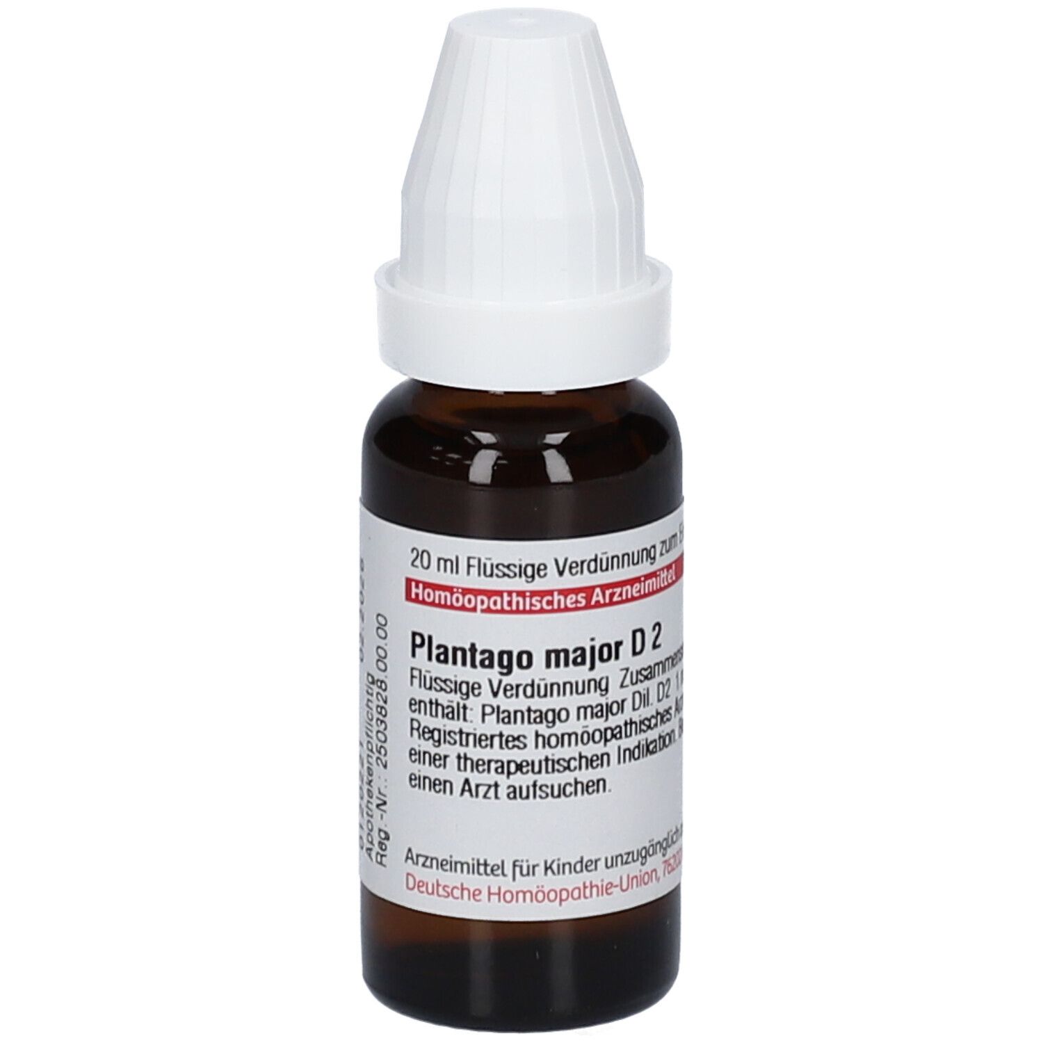 Braune Glasflasche mit weißem Verschluss. Etikett mit Produktinformationen: Plantago major D2, 20 ml Flüssige Verdünnung.