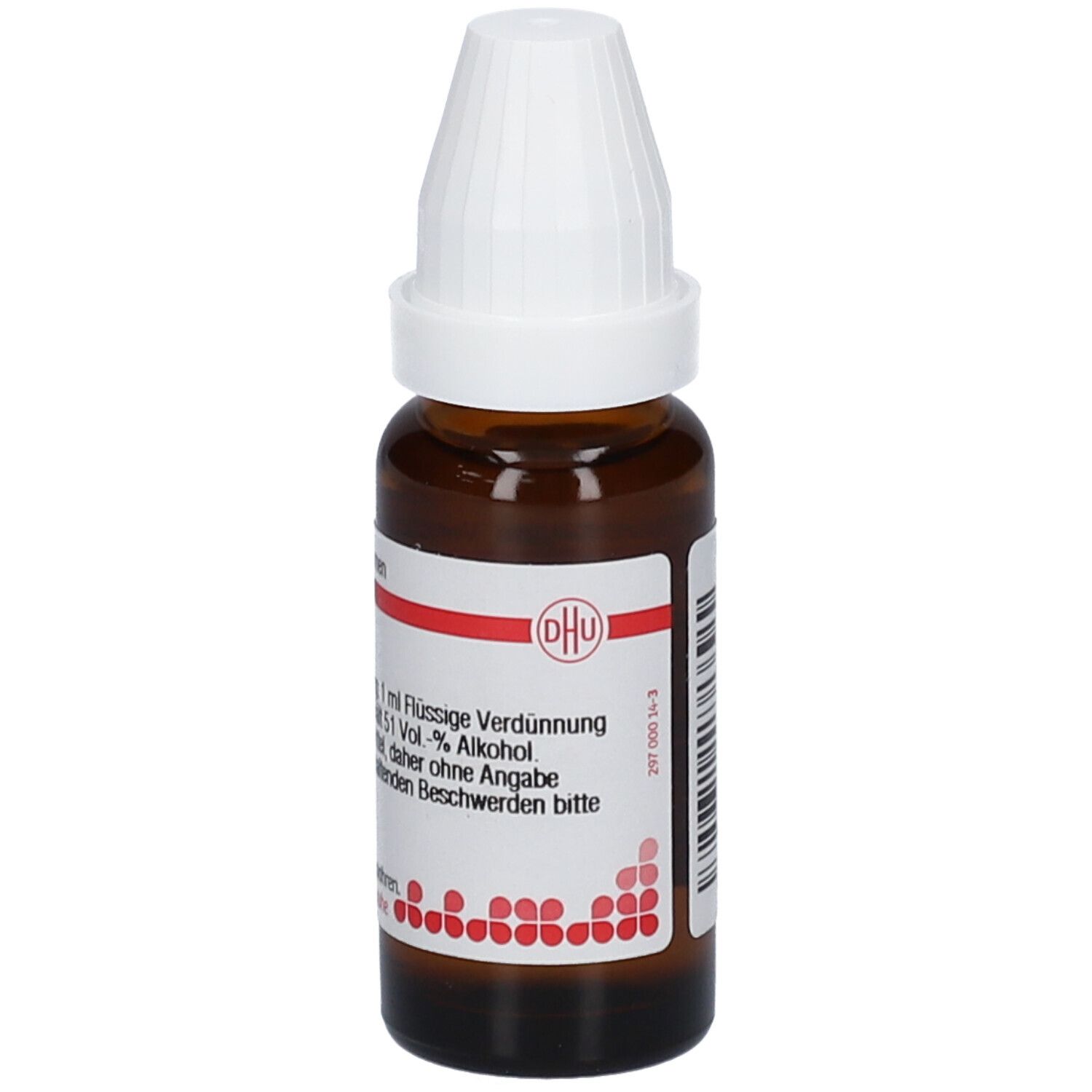 Braune Glasflasche mit weißem Verschluss. Rotes DHU-Logo. Etikett mit Text. Flüssige Verdünnung. Apothekenpflichtig.