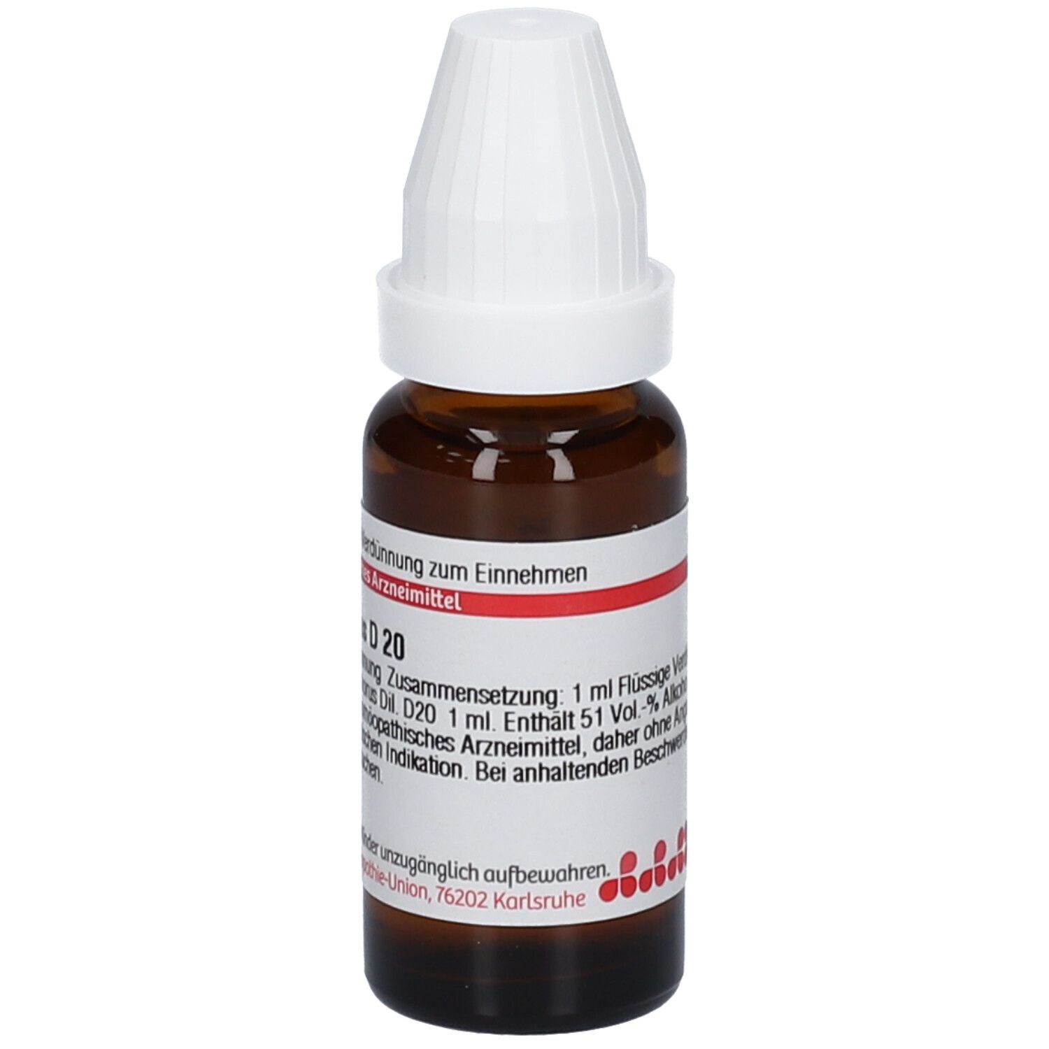 Braune Glasflasche mit weißem Verschluss. Etikett mit Text: D 20. Flüssige Verdünnung zum Einnehmen. Homöopathisches Arzneimittel.