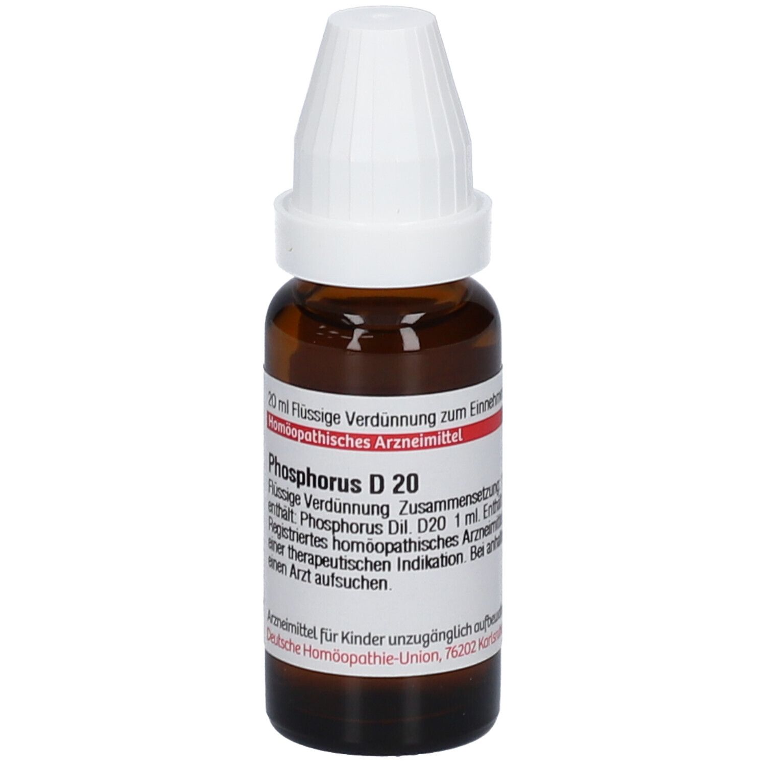 Braune Glasflasche mit weißem Verschluss. Etikett mit Text: Phosphorus D 20. Flüssige Verdünnung. Homöopathisches Arzneimittel.