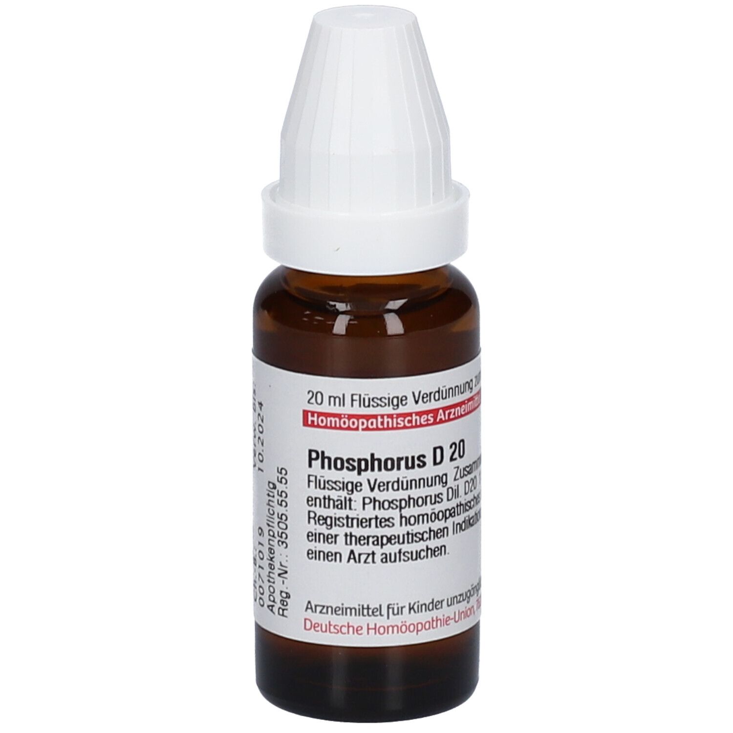 Braune Glasflasche mit weißem Verschluss. Etikett mit Text: Phosphorus D 20. Flüssige Verdünnung. Homöopathisches Arzneimittel.