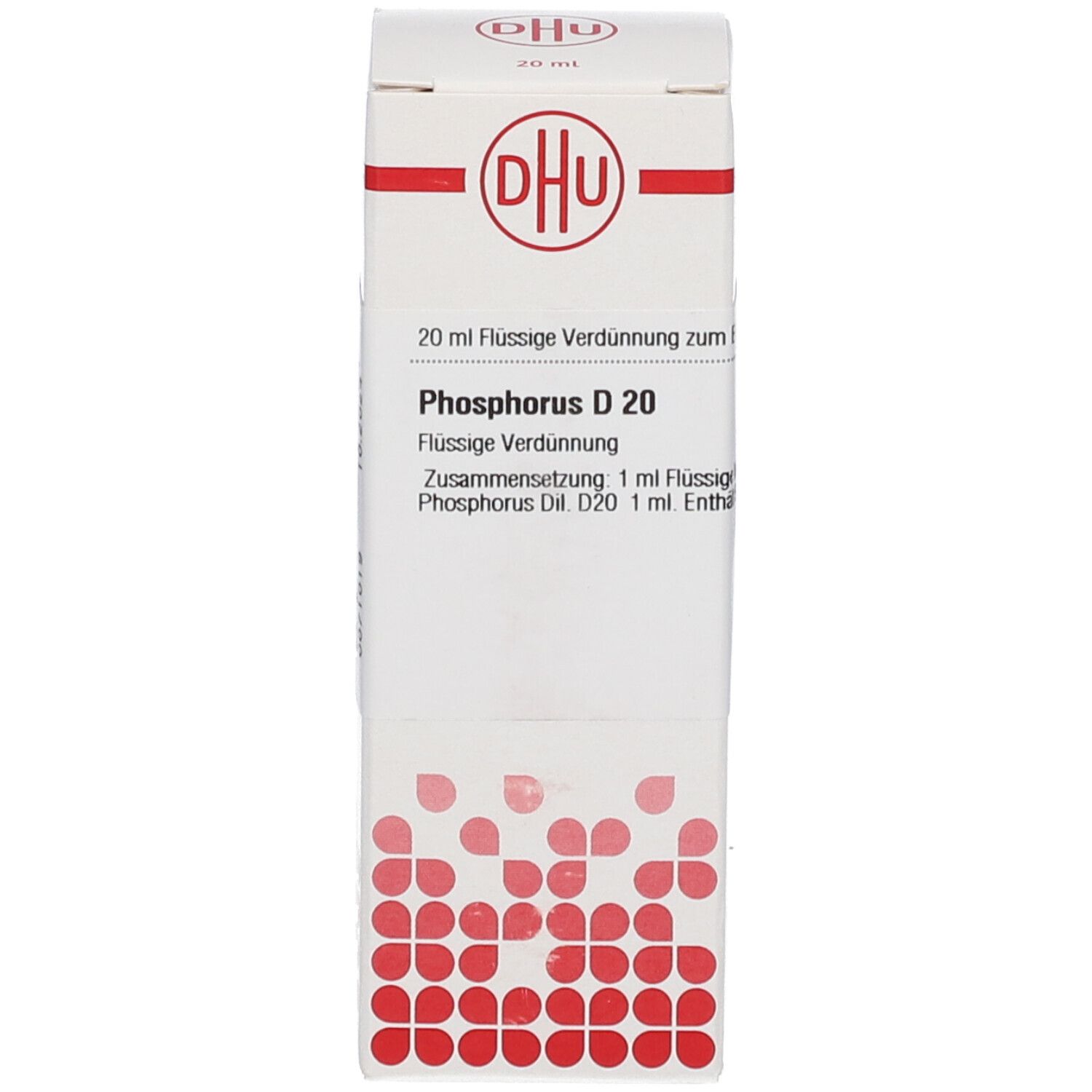 Weiße Schachtel mit rotem Muster und DHU-Logo. Text: Phosphorus D 20. Flüssige Verdünnung. Homöopathisches Arzneimittel.