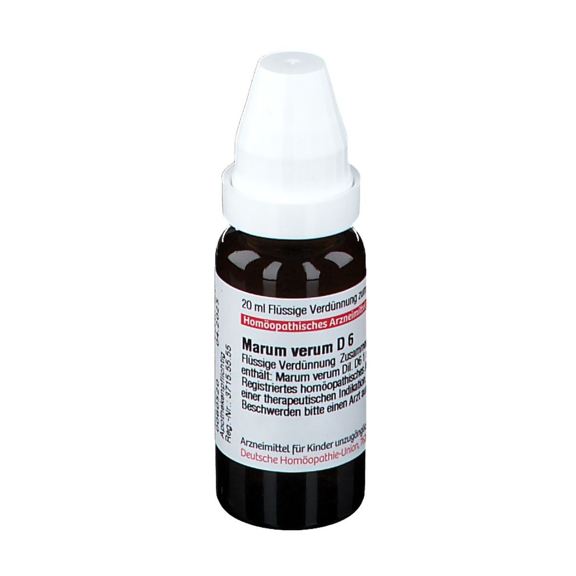 Braune Glasflasche mit weißem Verschluss. Etikett mit Text: Marum verum D6, 20 ml Flüssige Verdünnung.