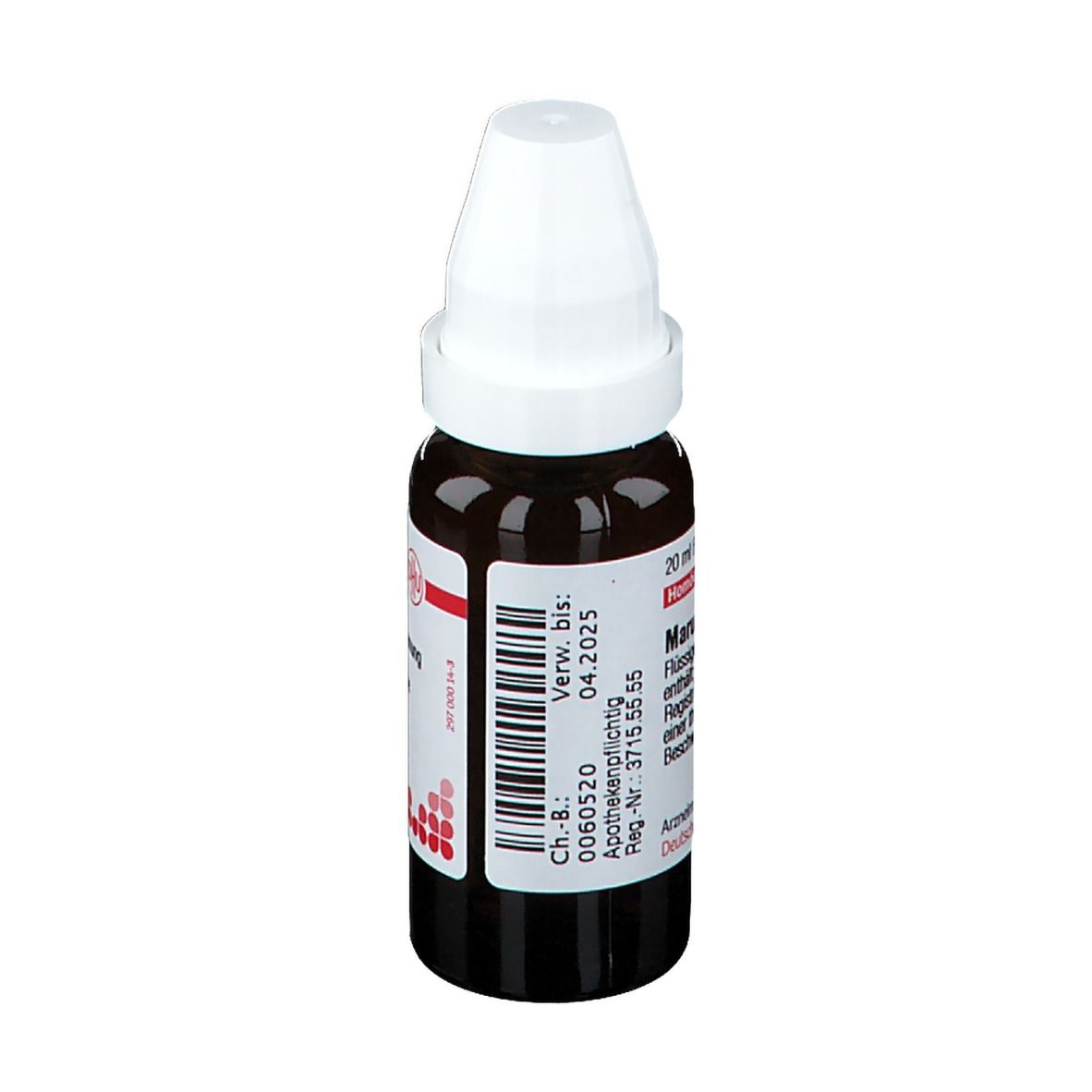 Braune Glasflasche mit weißem Verschluss. Etikett mit Text: Marum verum D6, 20 ml Flüssige Verdünnung. Apothekenpflichtig.