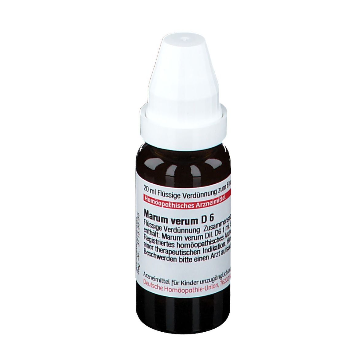 Braune Glasflasche mit weißem Verschluss. Etikett mit Text: Marum verum D6, 20 ml Flüssige Verdünnung. Homöopathisches Arzneimittel.