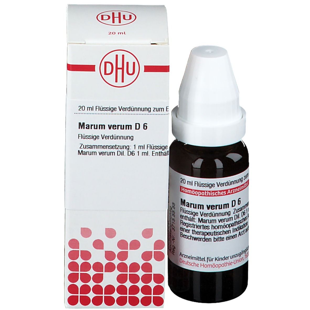 Produktverpackung mit Flasche. Auf der Verpackung steht: DHU, Marum verum D6, 20 ml Flüssige Verdünnung.