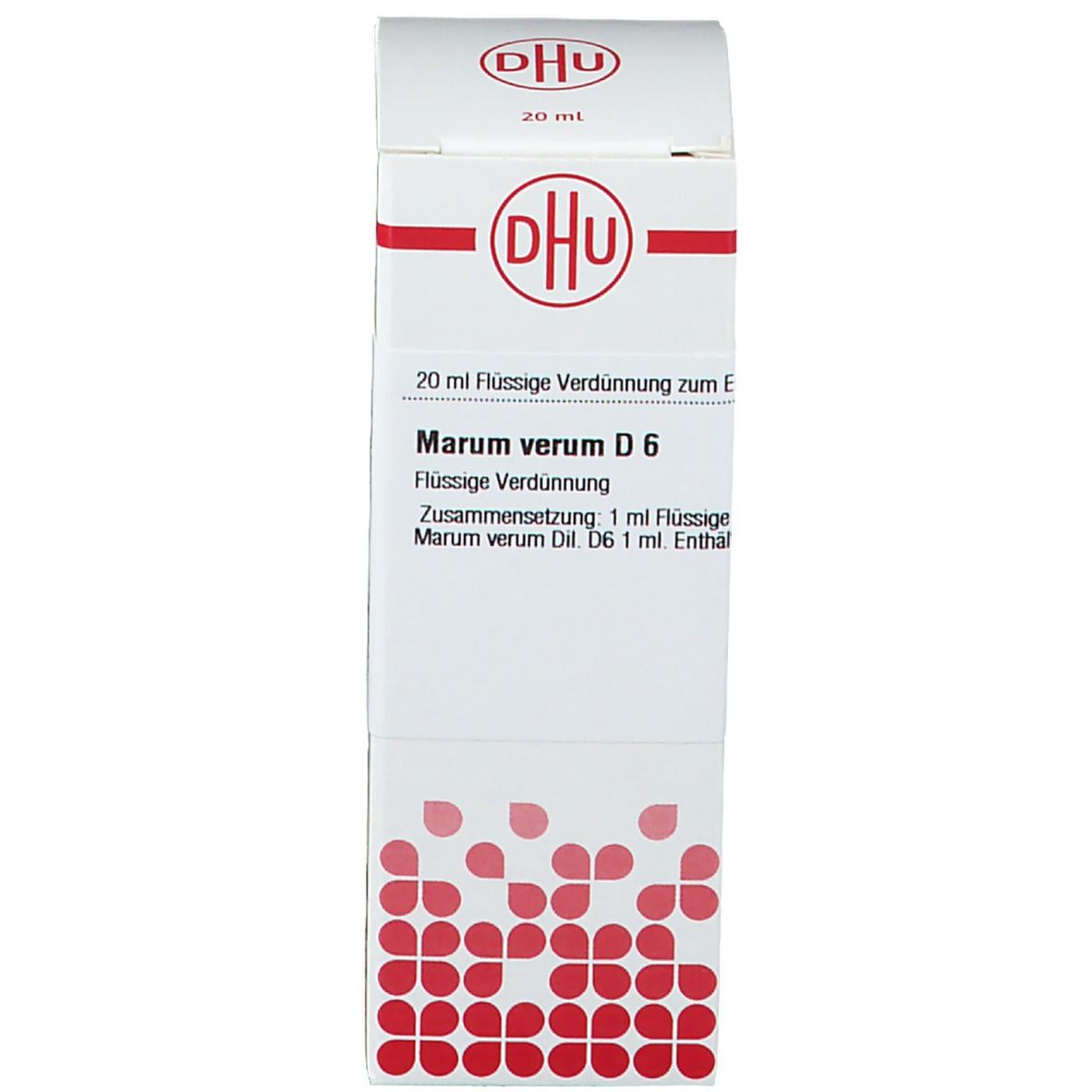 Produktverpackung. Auf der Verpackung steht: DHU, Marum verum D6, 20 ml Flüssige Verdünnung.