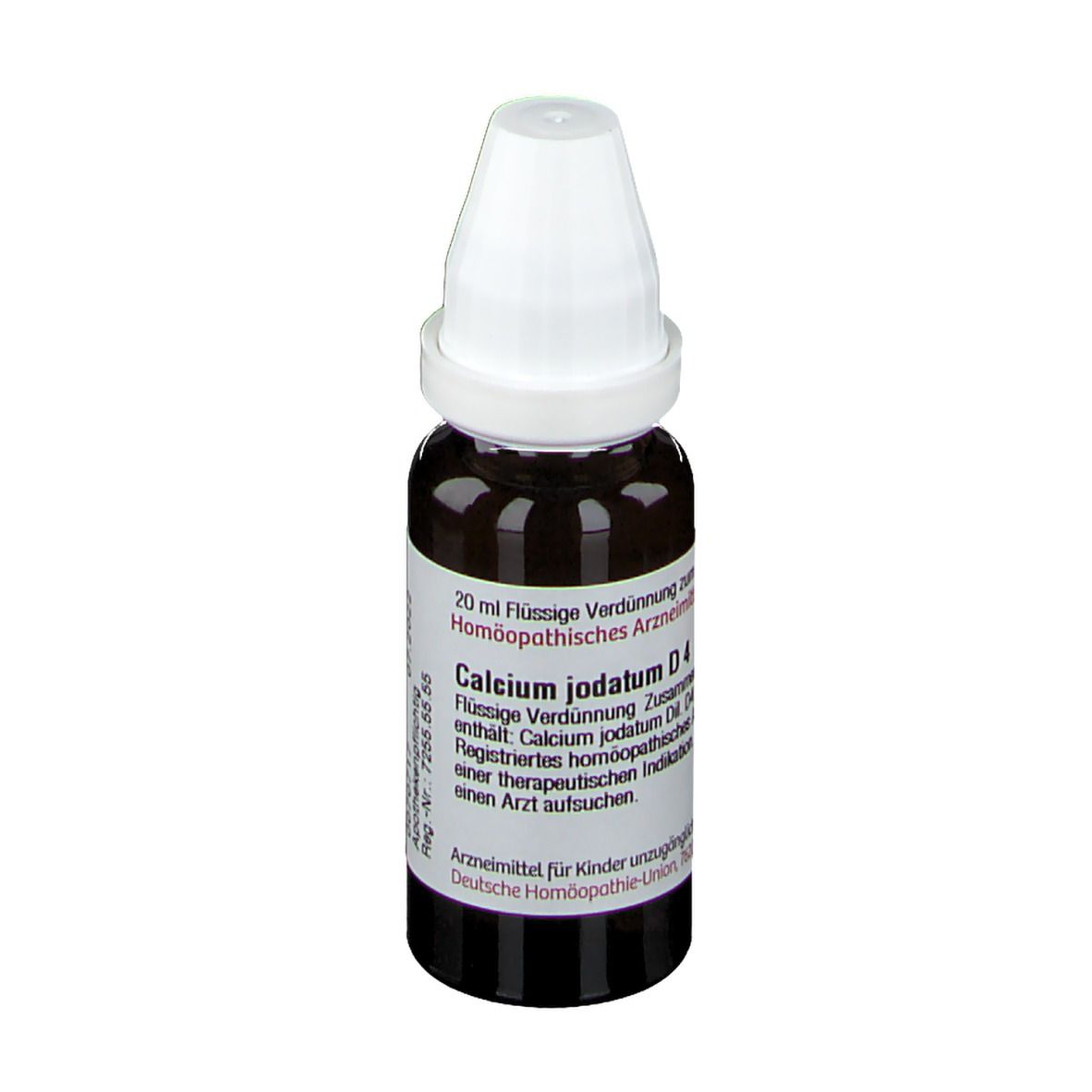 Braune Tropfflasche mit weißem Verschluss. Beschriftung: Calcium jodatum D4, 20 ml. Deutsche Homöopathie-Union.