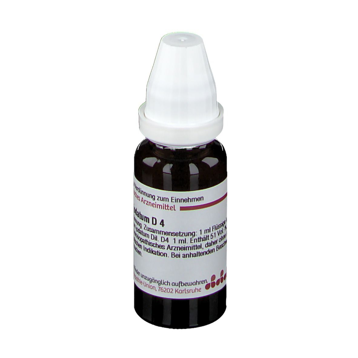 Braune Tropfflasche mit weißem Verschluss. Beschriftung: Calcium jodatum D4. Deutsche Homöopathie-Union.