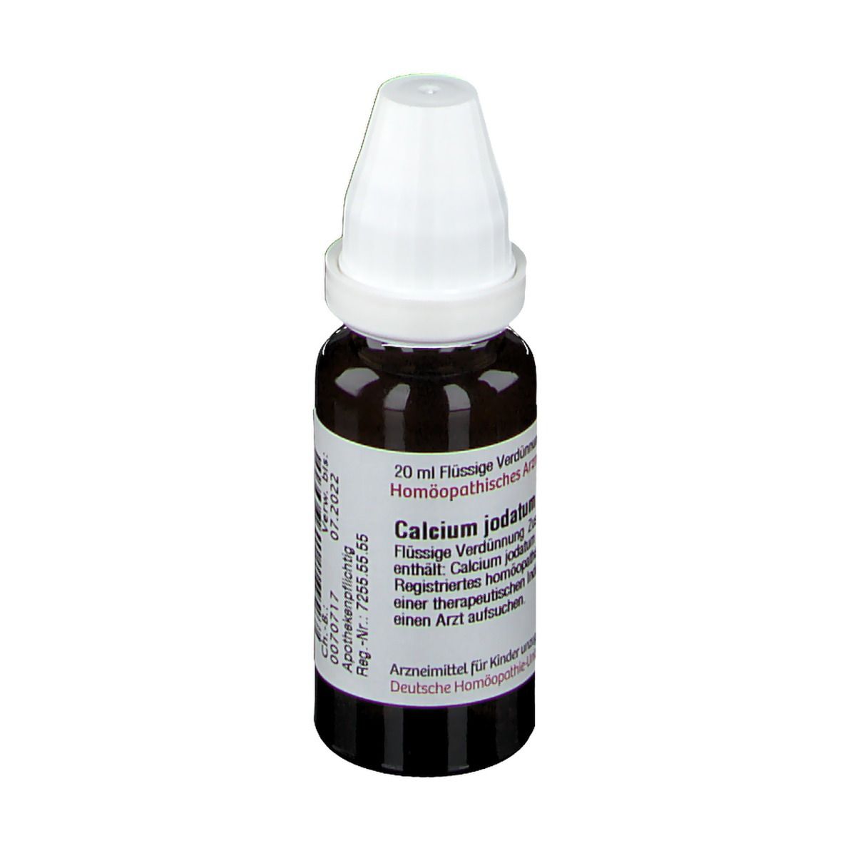 Braune Tropfflasche mit weißem Verschluss. Beschriftung: Calcium jodatum D4, 20 ml. Deutsche Homöopathie-Union.