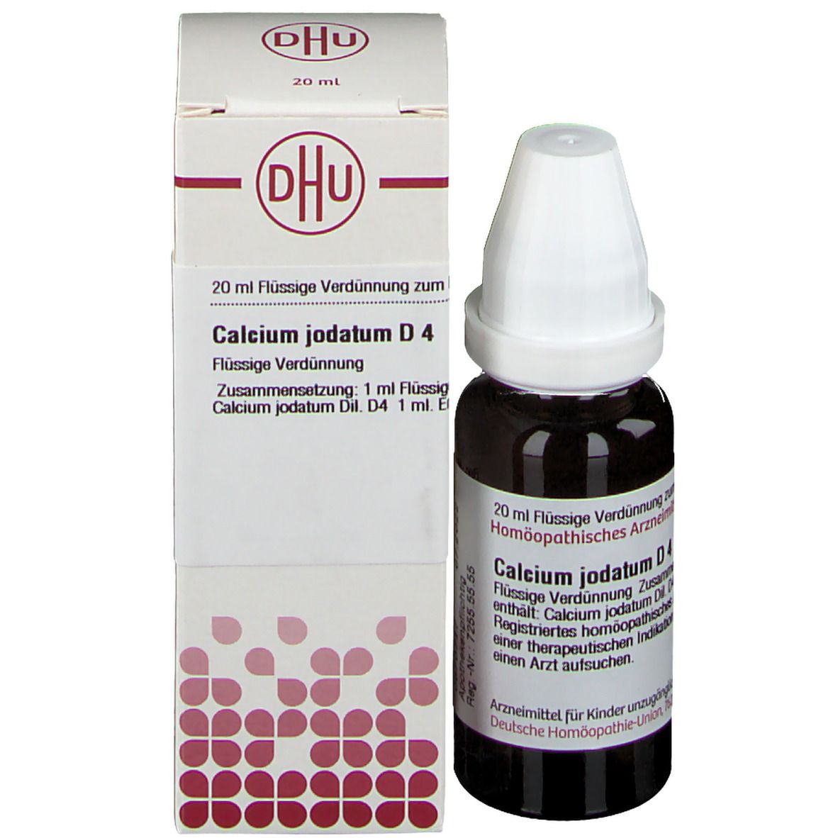 Produktflasche und Verpackung. Beschriftung: DHU, Calcium jodatum D4, 20 ml. Deutsche Homöopathie-Union.