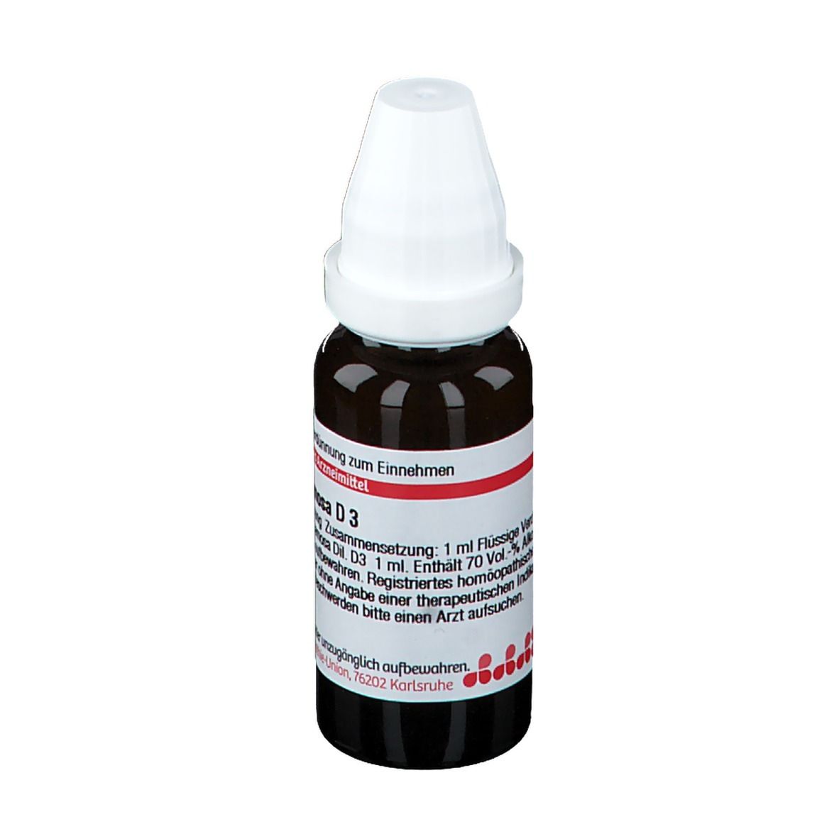 Braune Tropfflasche mit weißem Verschluss. Etikett mit Produktnamen und Informationen. DHU Aralia racemosa D3.